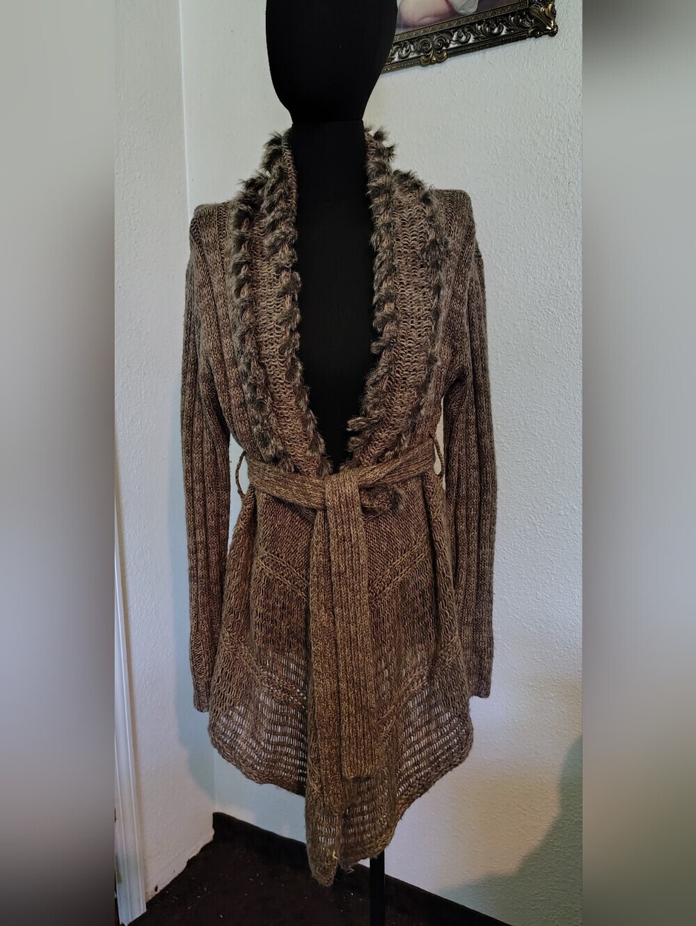 RXB Brown Wool Blend Faux-Fur Trim Belted Boho Cardigan Sweater Women Teen Large